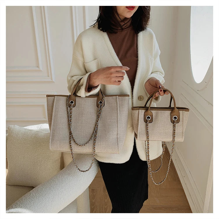 Women Tote Bag Fashion Canvas Large Capacity Handbag Casual Chains Shoulder Bags Ladies Big Messenger Bag Shopping Bag