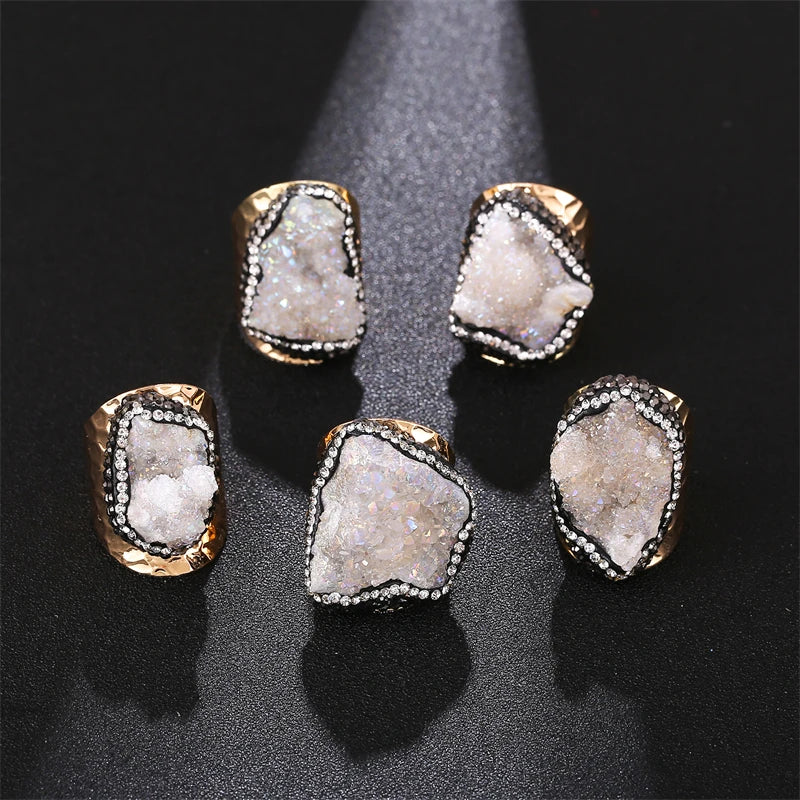 Irregular Micro Inlay Druzy Quartz Stone Open Ring for Women Gold Plated Boho Finger Jewelry Resizable