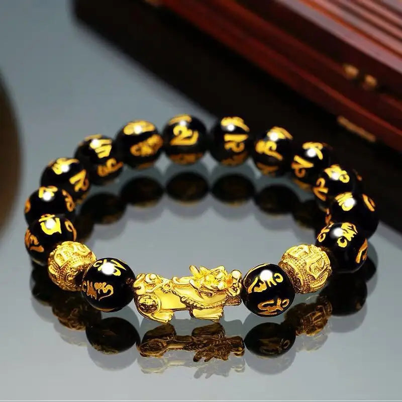 Feng Shui Obsidian Stone Beads Bracelet Wristband Gold Color Black Pixiu Wealth Good Luck Women Bracelet  Men Women Unisex