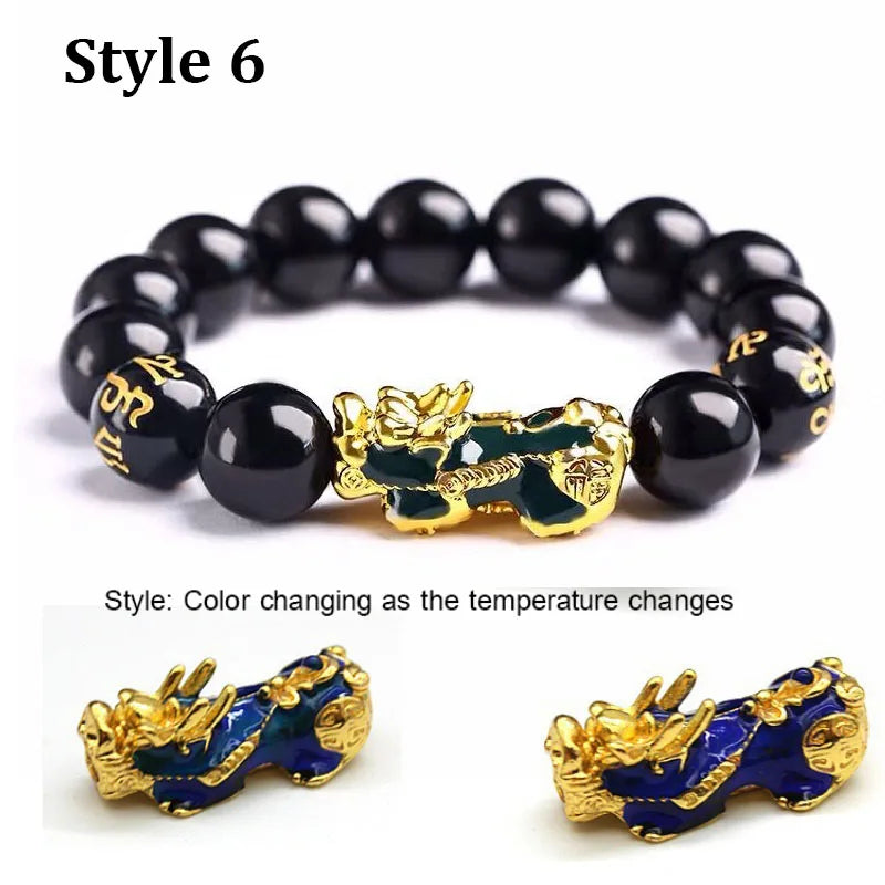 Feng Shui Obsidian Stone Beads Bracelet Wristband Gold Color Black Pixiu Wealth Good Luck Women Bracelet  Men Women Unisex
