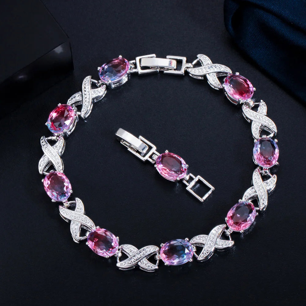Pera Trendy Cross Oval Rainbow Cubic Zirconia Silver Color Tennis Chain Link Bracelet for Ladies Wedding Party Jewelry Gift B199