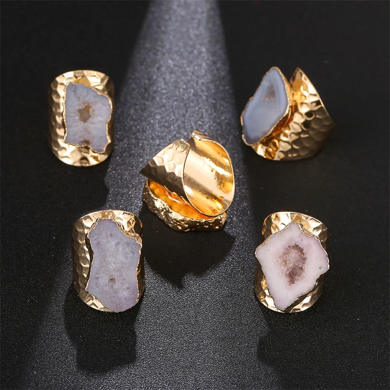 Irregular Geode Stone Agate Slices Wide Open Ring for Women Boho Resizable Finger Jewelry