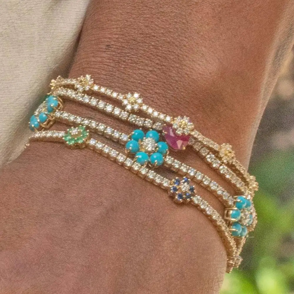 2025 Spring New Design Colorful Flower Charm White Black Rainbow CZ Tennis Chain Bracelet Women Fashion Jewelry