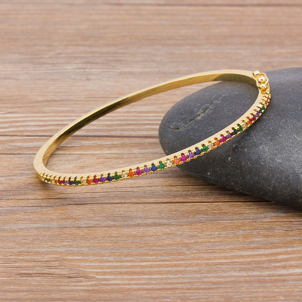 Nidin New Design High Quality Charm Rainbow Bracelet Copper Zirconia Rhinestone Cuff Bangle Trendy Jewelry Gift For Women Girls