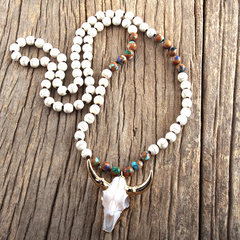 Fashion Bohemian Jewelry Sem Stone Knotted Horn Pendant Necklace For Women Boho Ethnic Necklace Gift
