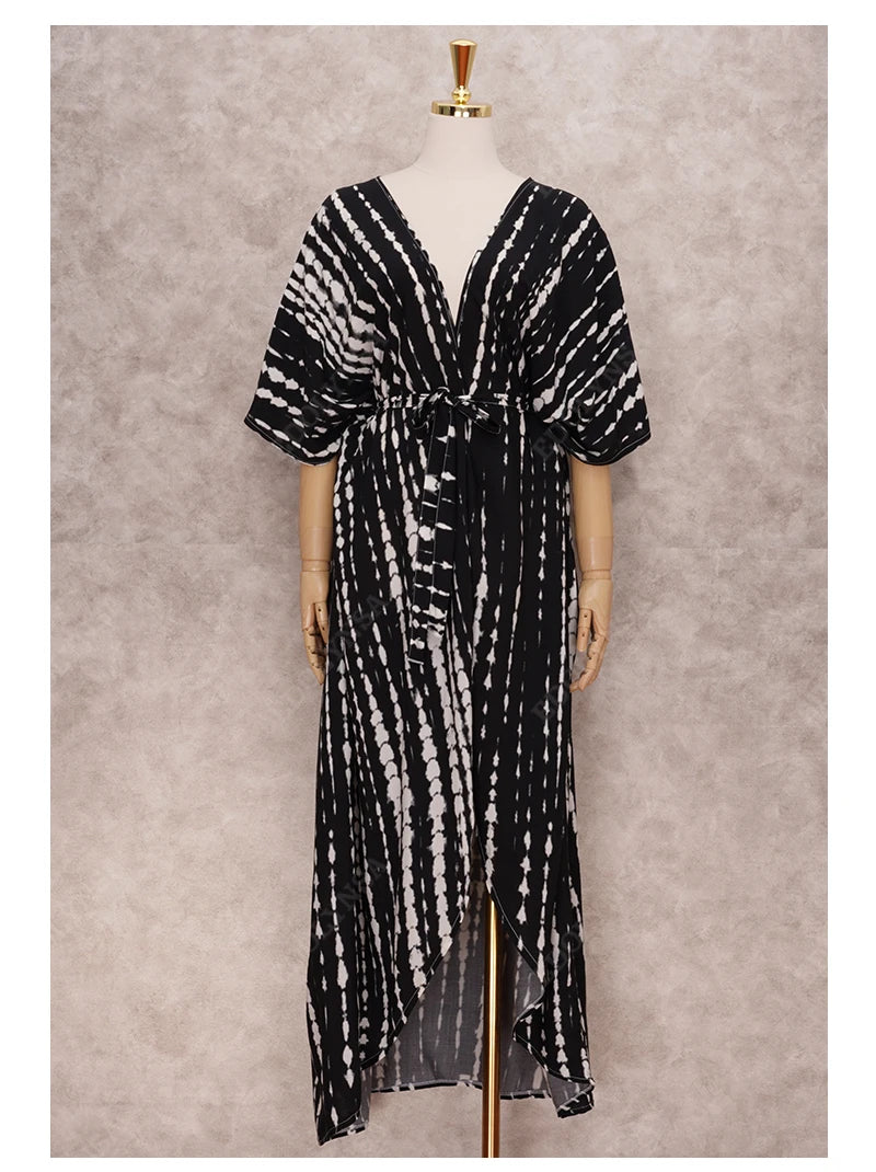2023 Bikini Cover-ups Black Retro Striped Self Belted Women Summer Clothing Kimono Dress Beach Wear Swim Suit Cover Up Q1225