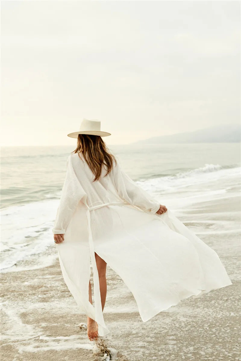 2024 Crochet White Knitted Beach Cover Up Dress Tunic Long Pareos Bikinis Cover Ups Swim Cover Up Robe Plage Beachwear