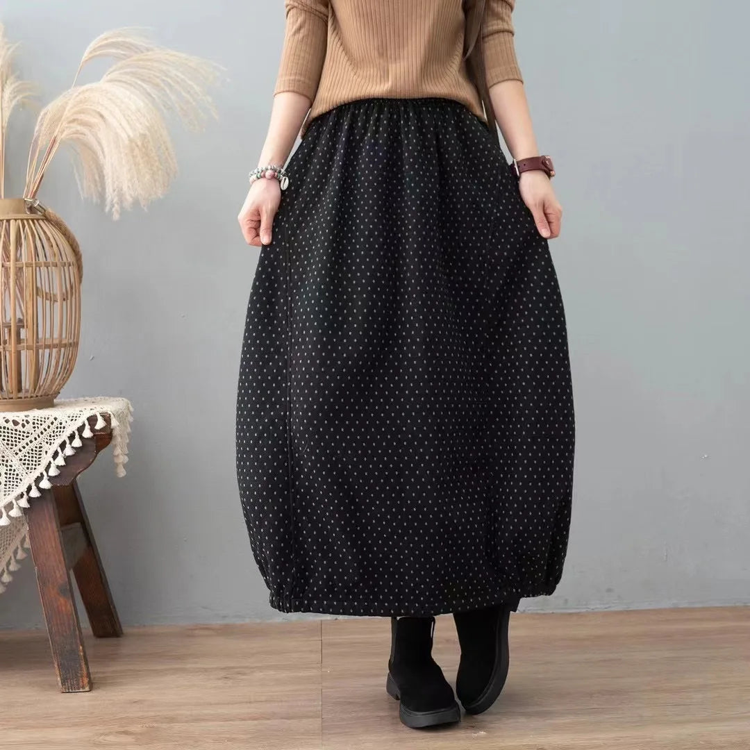 Careaymade New Autumn Winter Print Cotton Skirt Women Elastic Waist Thick Warm Long Skirts Female Loose Vintage Skirts