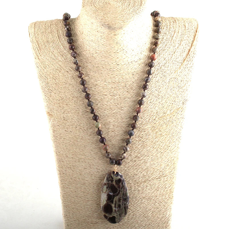 Fashion  Jewelry Natural Beads Long Knotted Semi Precious Pendant Necklaces For Women Bead necklace