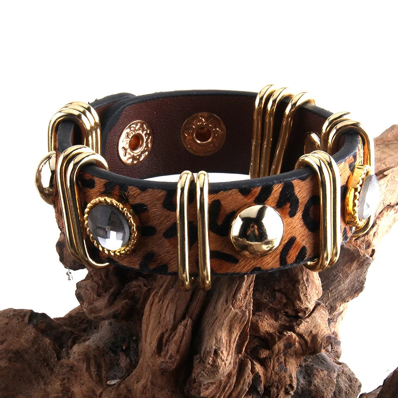 RH Fashion Boho Leather Armbander Goldcolor Metal Rectangle Real Leopard Horsetail Leather Bracelets For Women Gift DropShip