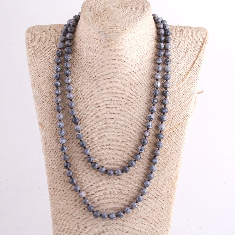 New Bohemian Jewelry long Knotted Halsband 8mm 125-128cm Double wrap Natural Stone Necklace