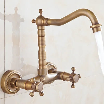 Antique Brass Kitchen Faucet Hot And Cold Water Mixer Faucets Wall Mounted Tap Vessel Sink Mixer Tap Swivel Spout Basin Mixer