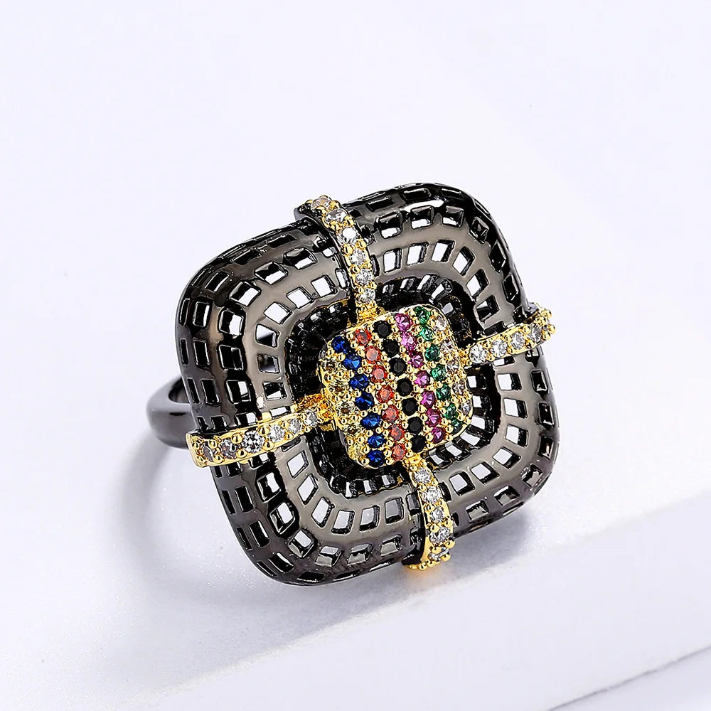925 Silver Women's Ring Exquisite Black Gold Flower Ring Inlaid Colorful Zircon Geometric Couple Ring Black Gold Jewelry