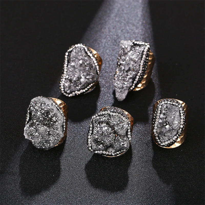 Irregular Micro Inlay Druzy Quartz Stone Open Ring for Women Gold Plated Boho Finger Jewelry Resizable