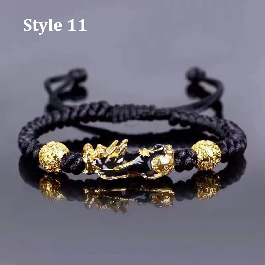 Feng Shui Obsidian Stone Beads Bracelet Wristband Gold Color Black Pixiu Wealth Good Luck Women Bracelet  Men Women Unisex