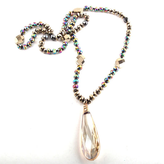 Fashion Bohemian Tribal Jewelry Crystal / Hematite Long Knotted Long Glass Drop Pendant Necklaces