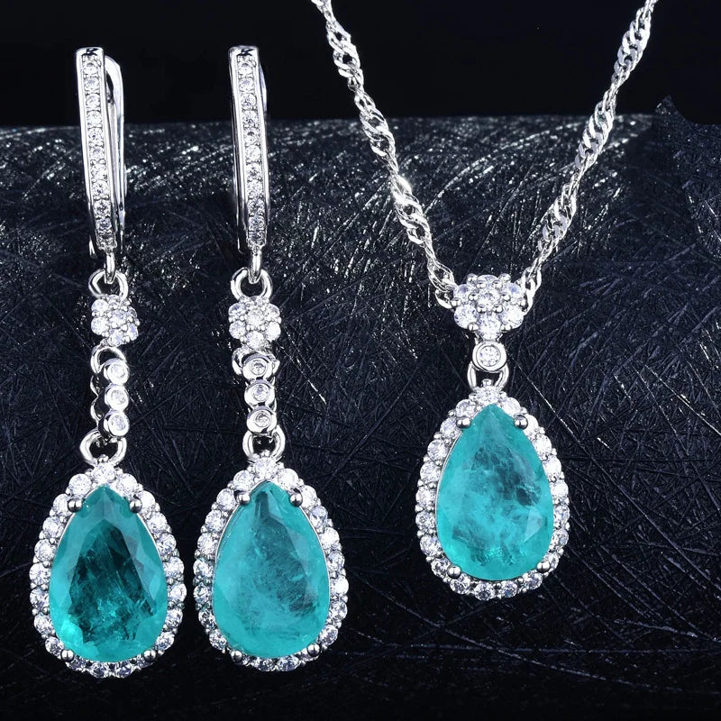 Silver Color Blue Tourmaline Necklace+Earrings+Ring Sets For Women White Gold Plated Water Drop Wedding Party Jewelry Set