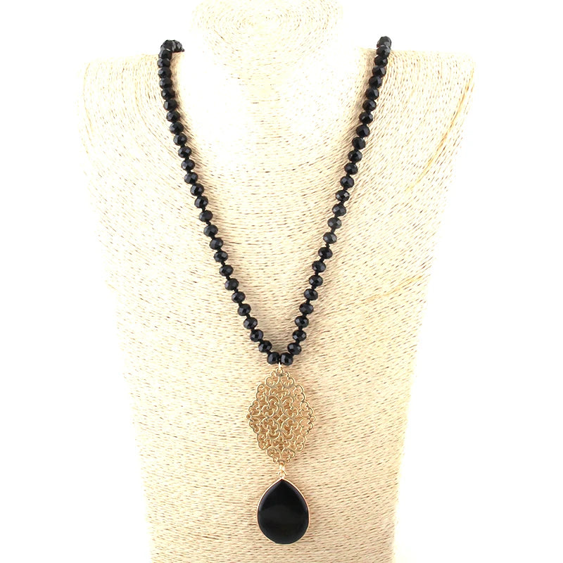 Fashion Bohemian Jewelry Glass Crystal Long Knotted Metall Grid Link Stone Drop Pendant Necklaces For Women Necklace