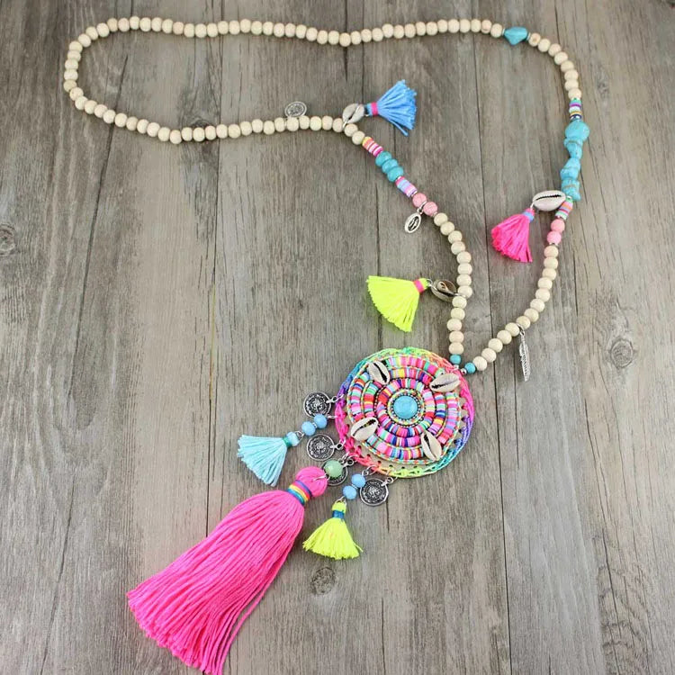 Bohemian Ethnic rainbow Beads Long Necklace Jewelry for Women necklace colorful Handmade Tassel pendant female dress