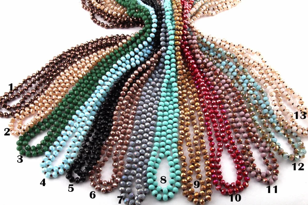 Fashion Bohemian Tribal Jewelry 6mm Crystal Long knotted Glass Crystal Necklace