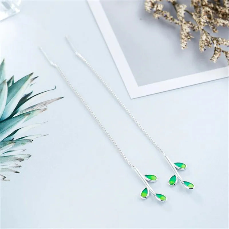 New Arrival Beautiful Colorful Leaf Ear Line 925 Sterling Silver Jewelry Personality National Women Gift Dangle Earrings E214