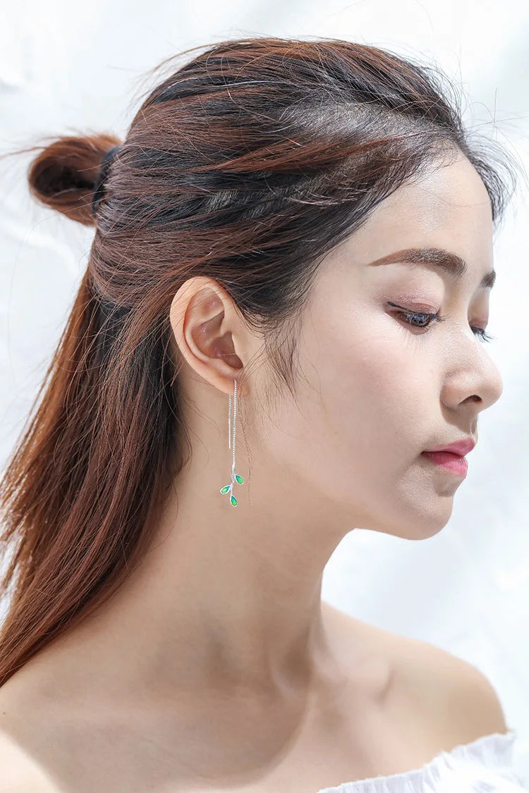 New Arrival Beautiful Colorful Leaf Ear Line 925 Sterling Silver Jewelry Personality National Women Gift Dangle Earrings E214