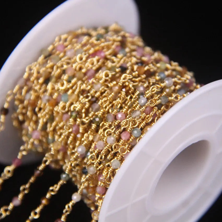5Meter Natural Colorful Tourmaline 2mm Faceted Round Beads Rosary Chain,Gold Brass Wire Wrapped Necklace Bracelet Sweater Chains