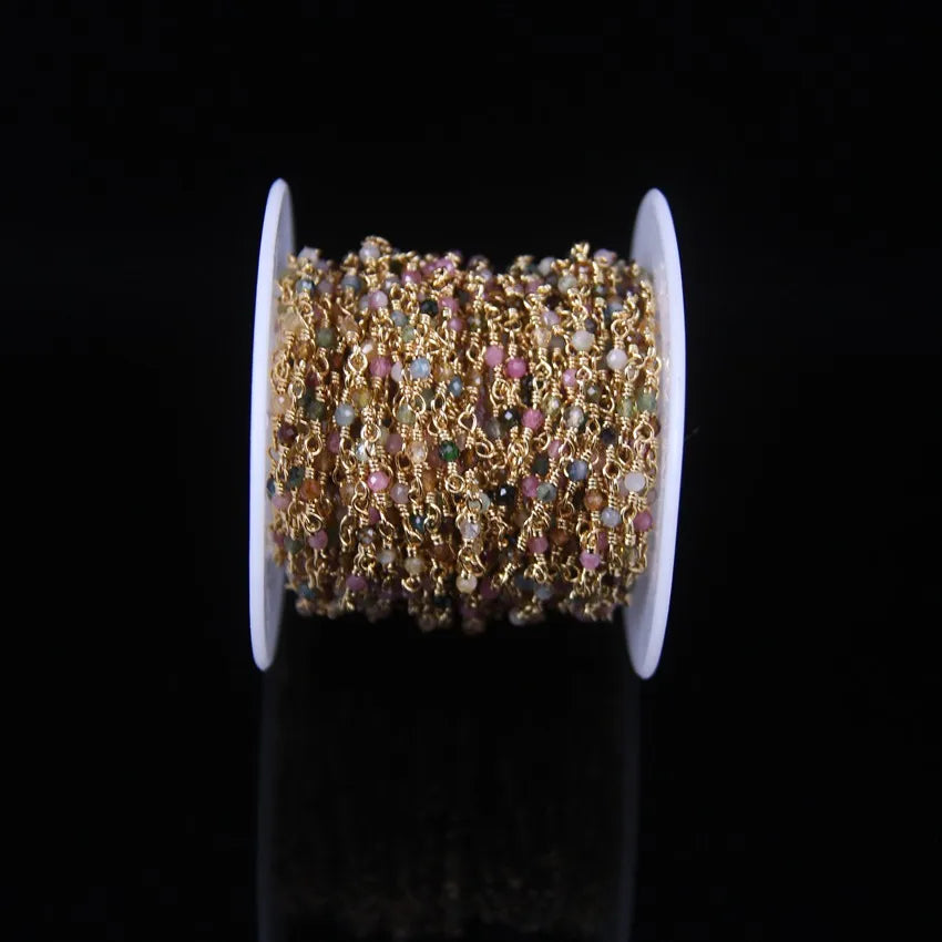 5Meter Natural Colorful Tourmaline 2mm Faceted Round Beads Rosary Chain,Gold Brass Wire Wrapped Necklace Bracelet Sweater Chains