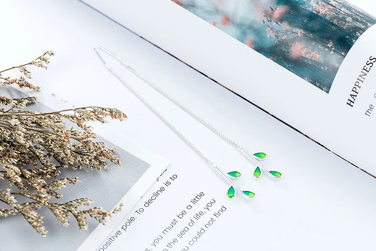 New Arrival Beautiful Colorful Leaf Ear Line 925 Sterling Silver Jewelry Personality National Women Gift Dangle Earrings E214