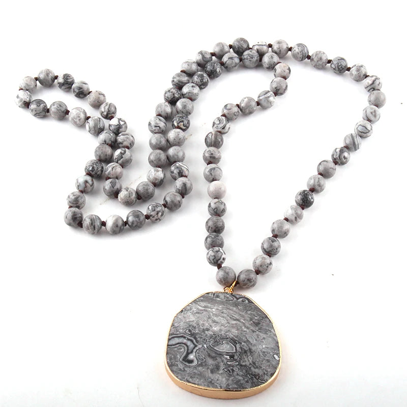 Fashion Natural Stone long Knotted Necklaces Facet Stone Drop Pendant Women Ethnic Necklace