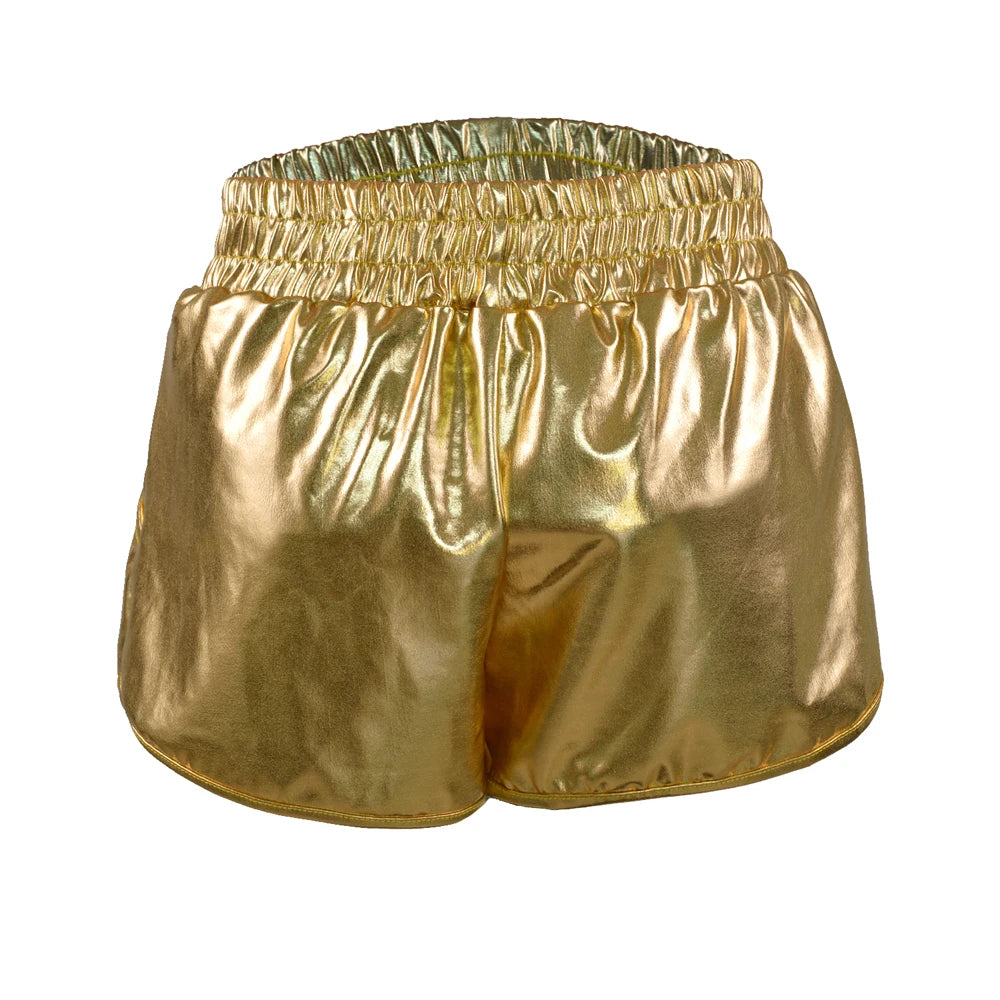 Women Skinny PU Leather Gold Leopard Shorts Summer Shiny Elastic Waist Metallic Booty Club Rave Festival HotPants Bottoms