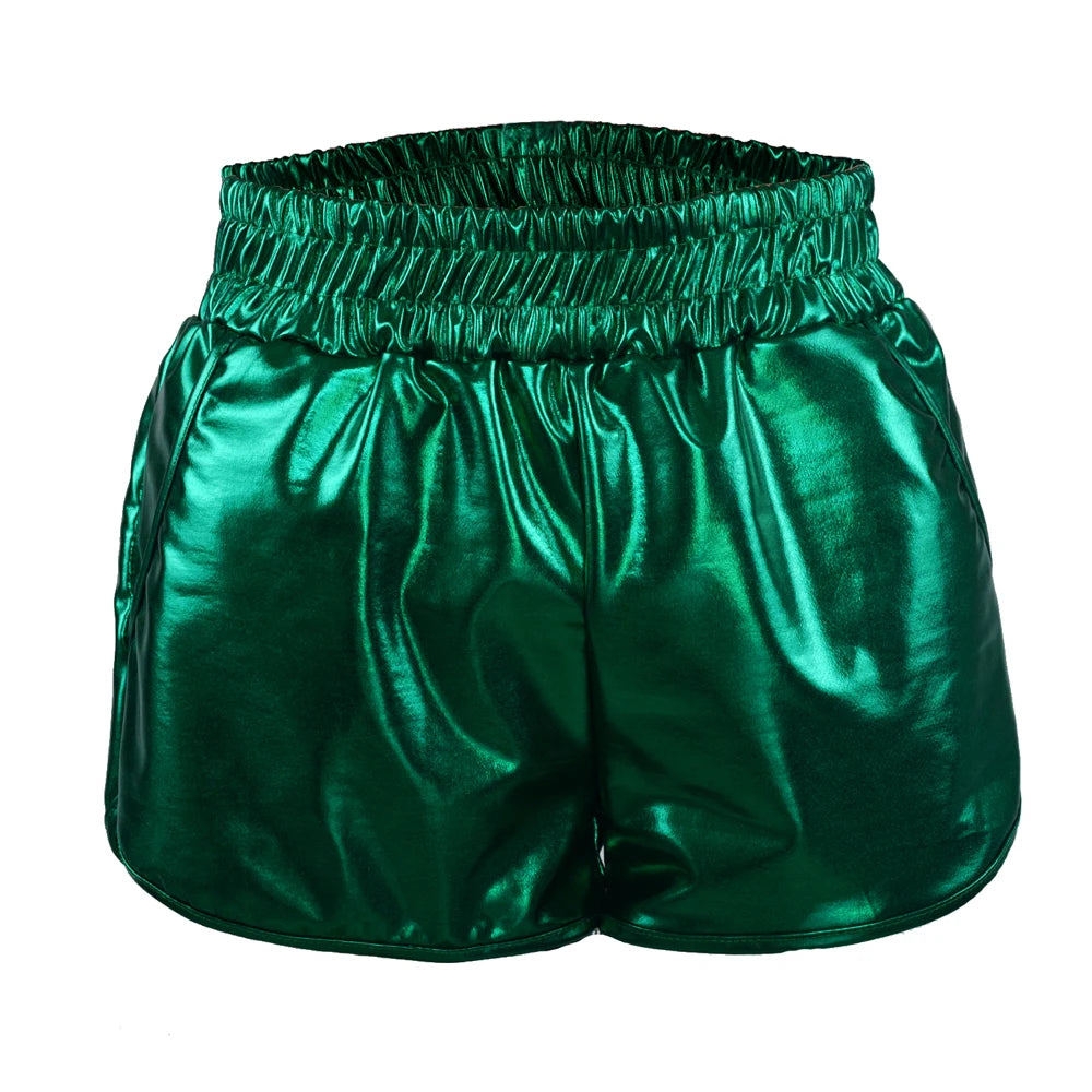 Women Skinny PU Leather Gold Leopard Shorts Summer Shiny Elastic Waist Metallic Booty Club Rave Festival HotPants Bottoms