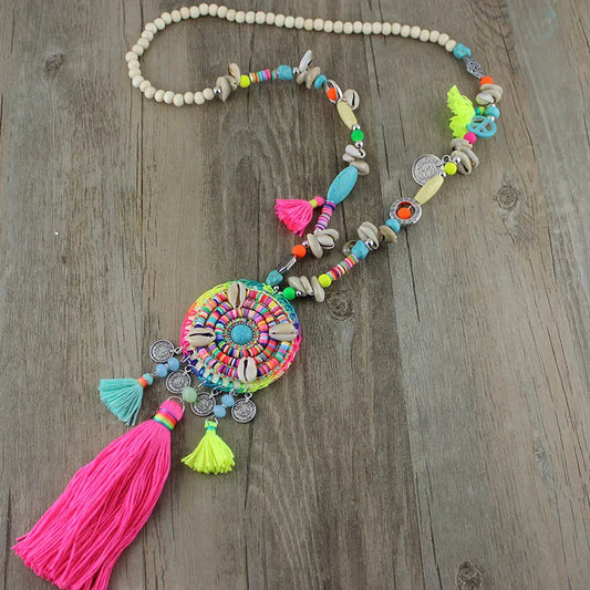 Bohemian Ethnic rainbow Beads Long Necklace Jewelry for Women necklace colorful Handmade Tassel pendant female dress