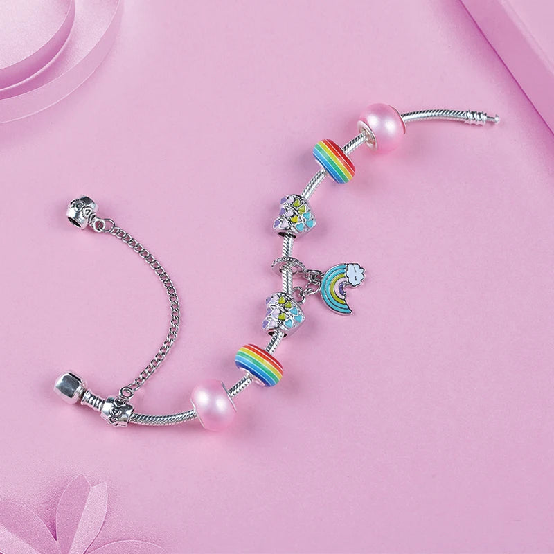 Leabyl Cute Rainbow Heart Moon Pendant Charm Bracelet Colorful Crystal DIY Bead Bracelet for Women Child Fashion Jewelry Gift