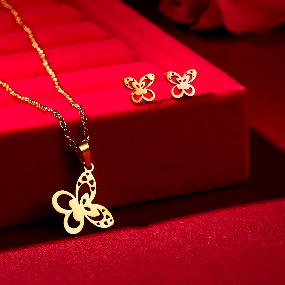 Cute Cat Butterfly Jewelry Set Stainless Steel Animal Infinity 8 Stars Heart Pendant Necklace Earrings Set Best Friends Gift