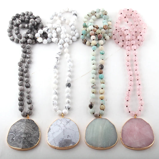 Fashion Natural Stone long Knotted Necklaces Facet Stone Drop Pendant Women Ethnic Necklace