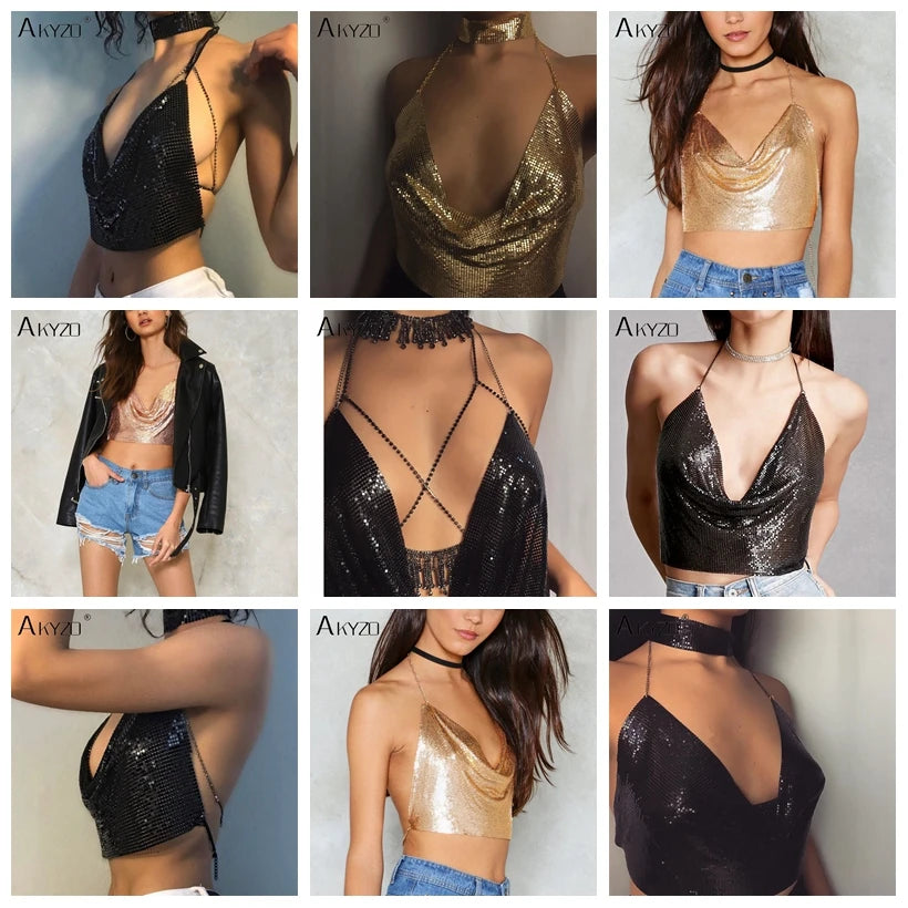 AKYZO Women 2023 Sexy Metal Sequined Tank Camis Summer Gold Silver Backless Cropped Glitter Beach Club Show Wear Tank Tops
