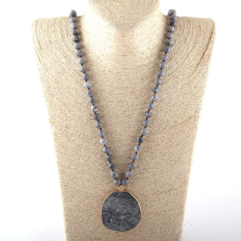 Fashion Natural Stone long Knotted Necklaces Facet Stone Drop Pendant Women Ethnic Necklace