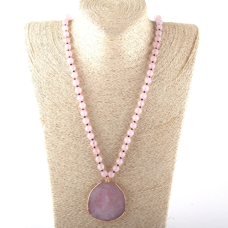 Fashion Natural Stone long Knotted Necklaces Facet Stone Drop Pendant Women Ethnic Necklace