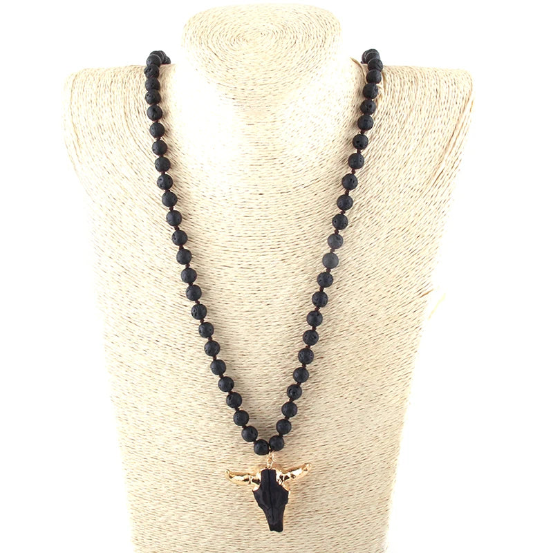 Fashion Bohemian Jewelry Amazonite Stone Knotted Horn Pendant Necklace For Women Beaded Necklace