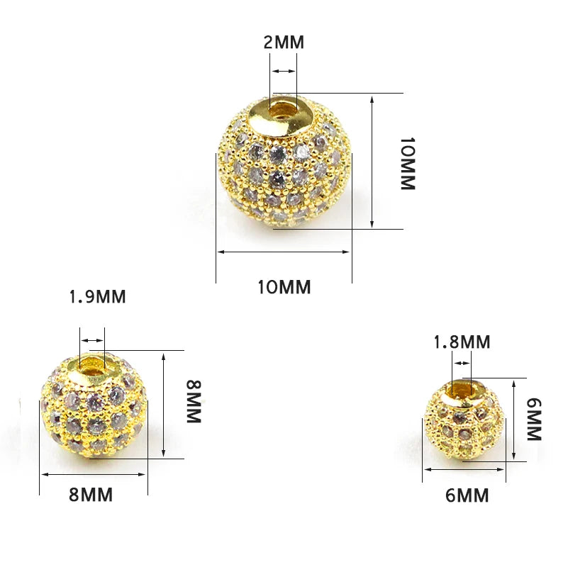 JHNBY 4pcs White Zircon Copper Spacer Beads 6/8/10mm Round Pave CZ Crystal Ball Loose Beads Jewelry Bracelet Making DIY Findings