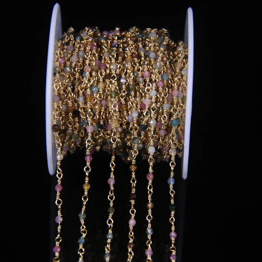 5Meter Natural Colorful Tourmaline 2mm Faceted Round Beads Rosary Chain,Gold Brass Wire Wrapped Necklace Bracelet Sweater Chains