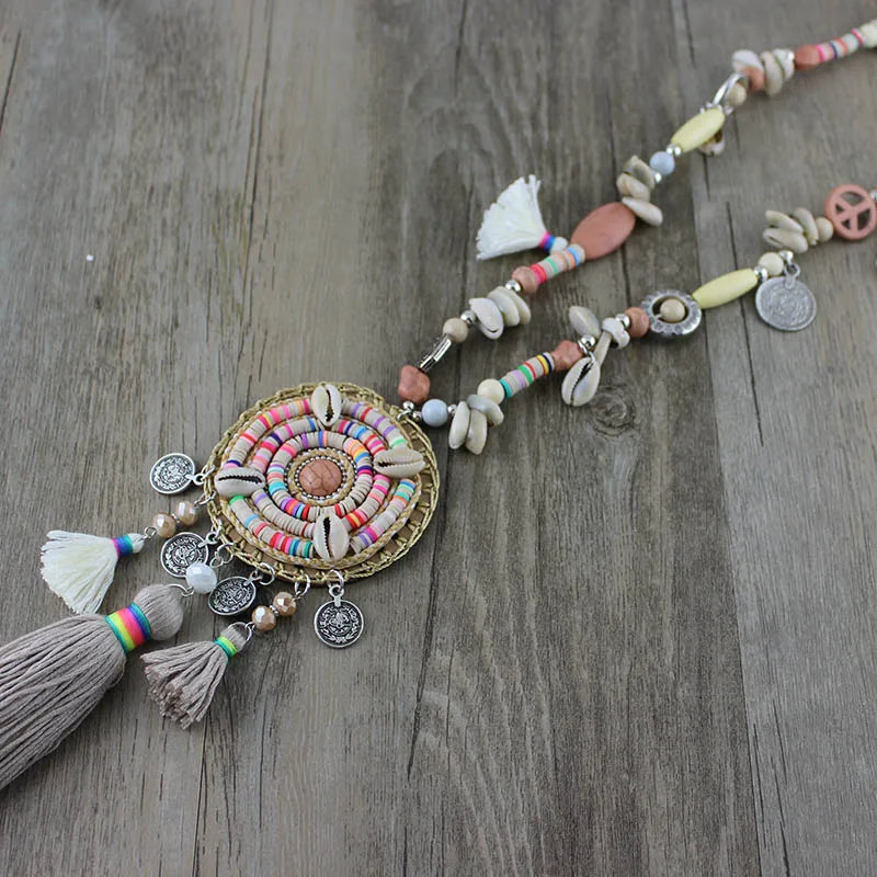Bohemian Ethnic rainbow Beads Long Necklace Jewelry for Women necklace colorful Handmade Tassel pendant female dress