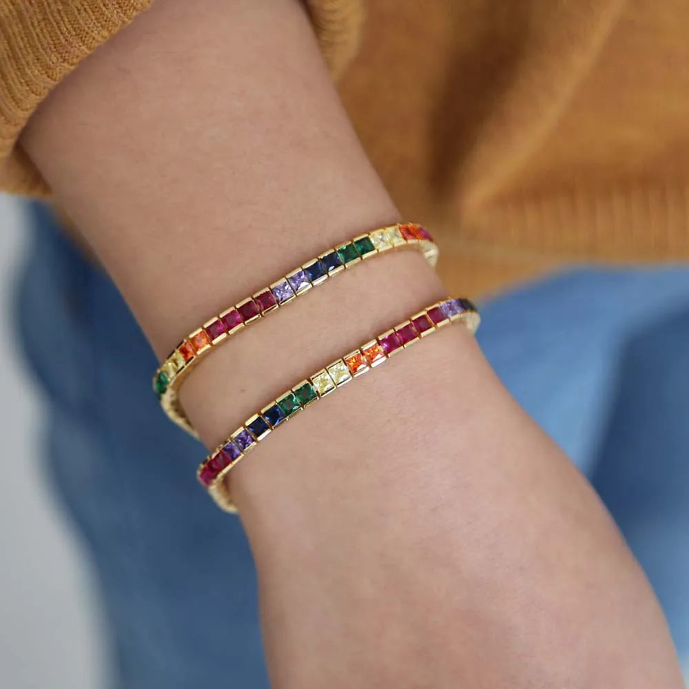 fashion shiny cz fine fashion bracelet rainbow colorful square cz tennis chain gorgeous trendy bracelet for women 17cm