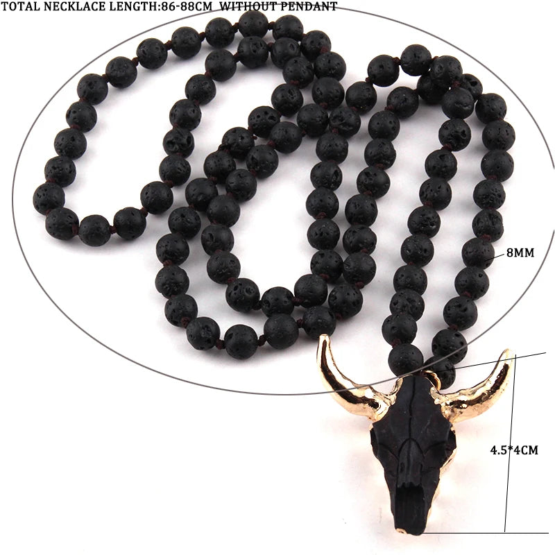 Fashion Bohemian Jewelry  Long Knotted Stone Beads 3 Color Horn Pendant Necklace For Women Ethnic Necklace