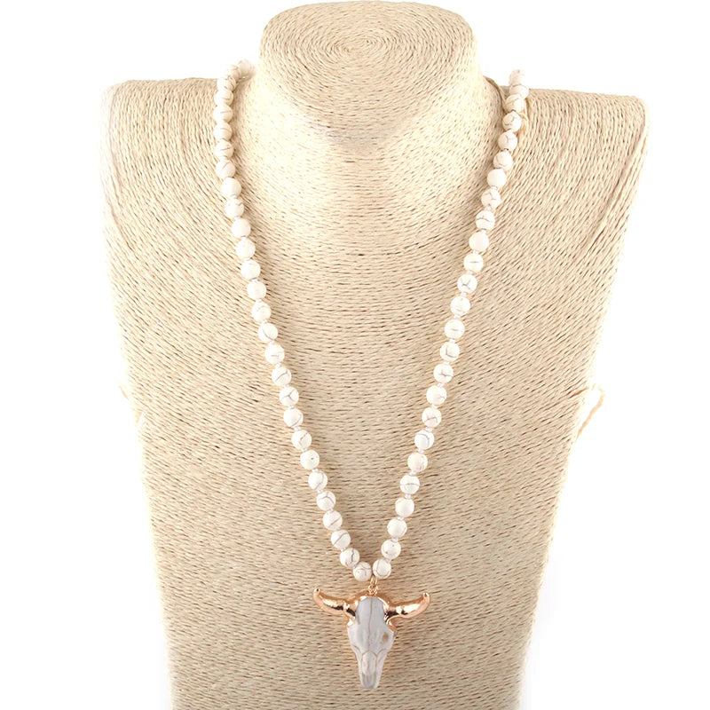 Fashion Bohemian Jewelry Amazonite Stone Knotted Horn Pendant Necklace For Women Beaded Necklace