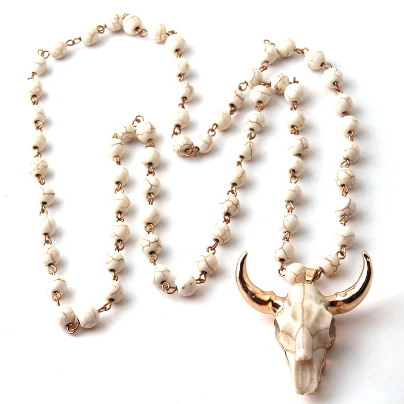 Fashion Knotted Flat White Stone Horn Pendant Ethnic Necklace Bohemian Tribal Jewelry