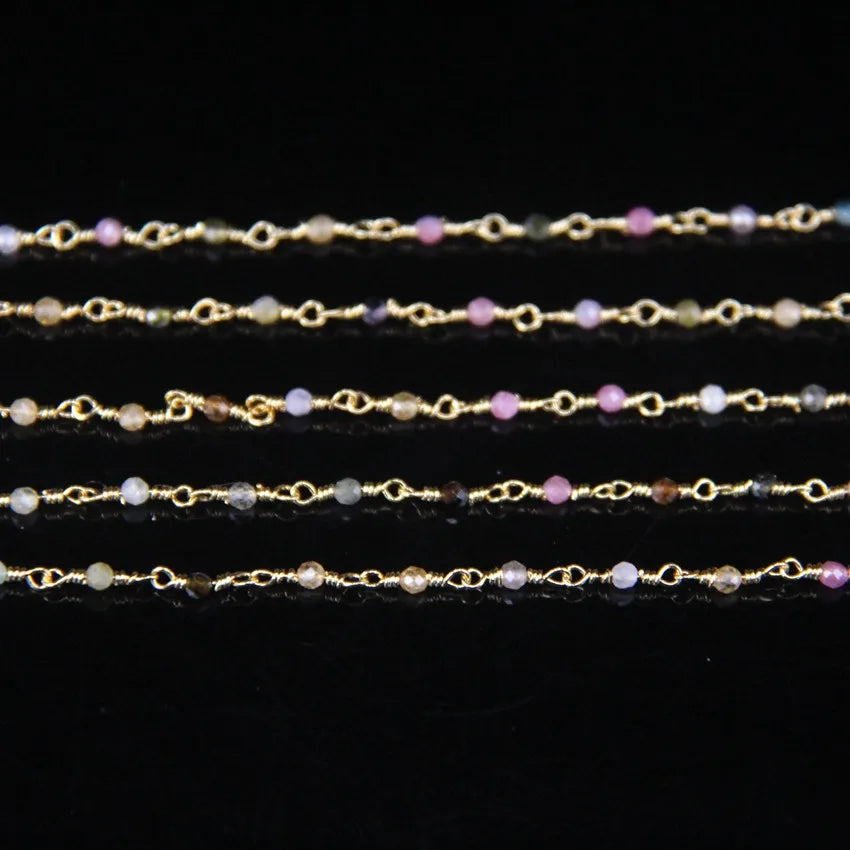 5Meter Natural Colorful Tourmaline 2mm Faceted Round Beads Rosary Chain,Gold Brass Wire Wrapped Necklace Bracelet Sweater Chains