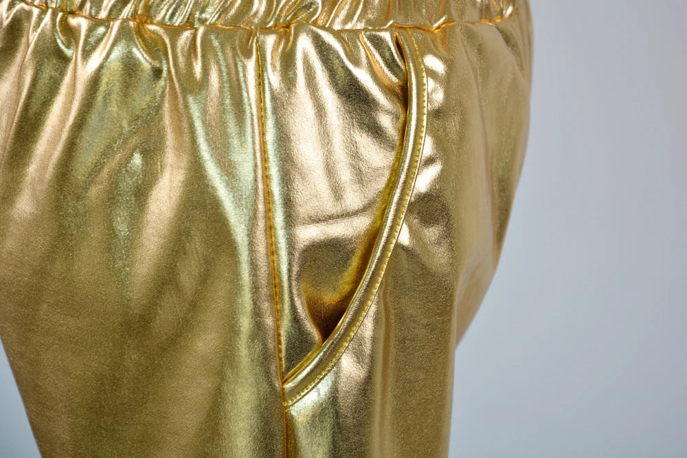Women Skinny PU Leather Gold Leopard Shorts Summer Shiny Elastic Waist Metallic Booty Club Rave Festival HotPants Bottoms