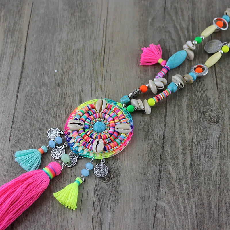 Bohemian Ethnic rainbow Beads Long Necklace Jewelry for Women necklace colorful Handmade Tassel pendant female dress
